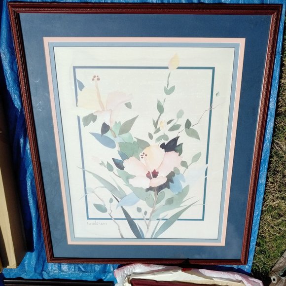 BLUE AND PEACH FLOWER PRINT WITH CUSTOM TRIPLE MAT AND CHERRY WOOD FRAME - Picture 6 of 7